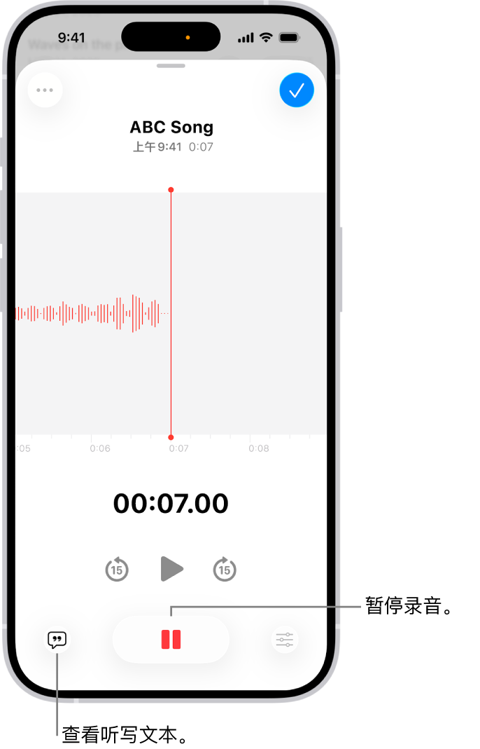“语音备忘录”录音,显示正在进行的录音的波形,以及时间指示器和用于暂停录音的按钮。