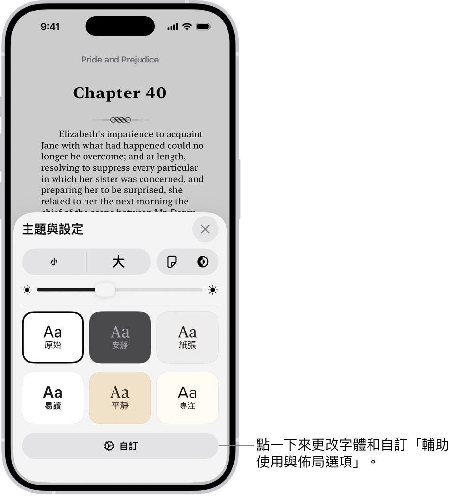 「書籍」App 中某本書的一頁。「主題與設定」選項,顯示字體大小、捲動顯示方式、翻頁樣式、亮度和字體樣式的控制項目。