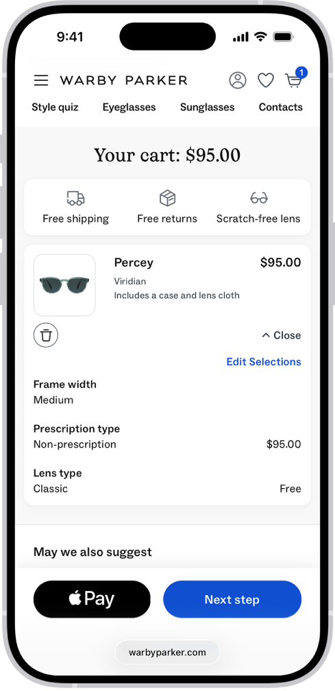 App 購物車顯示所選項目的價格。Apple Pay 按鈕位於中央底部。