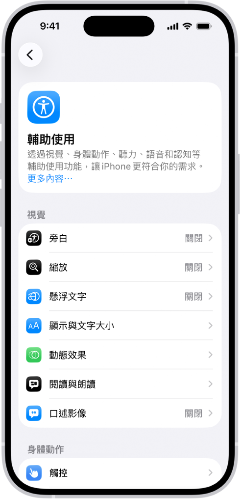 「設定」中的「輔助使用」畫面,顯示內建的「視覺」支援功能。