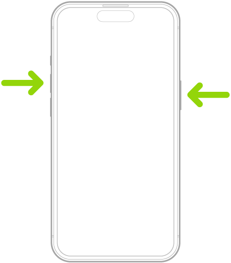 配備 Face ID 的 iPhone。一個箭頭指向側邊按鈕,另一個箭頭指向調高音量按鈕,以示範如何拍攝截圖。