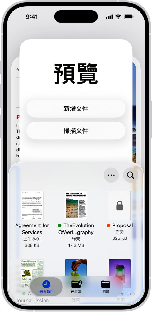 「預覽」App 的主畫面,顯示 PDF 和影像。螢幕底部為「最近項目」、「已共享」和「瀏覽」標籤頁。