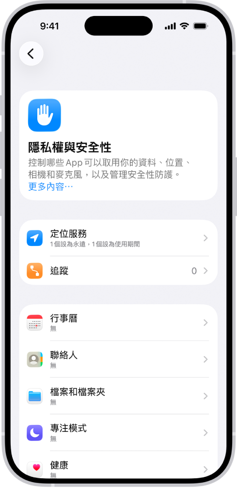 「隱私權與安全性」畫面,顯示「定位服務」和「追蹤」設定,以及控制哪些 App 可以取用你資料的設定。