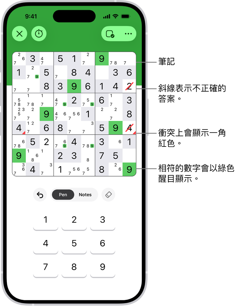 數獨益智遊戲已開啟多種功能:Notes、Highlight Matching Numbers、Show Conflicts 和 Autocheck。
