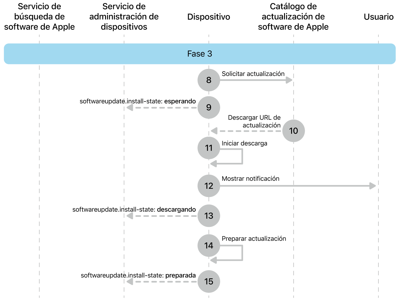 La tercera fase mostrando los pasos del 8 al 16 de la imposición de actualización de software de Apple.
