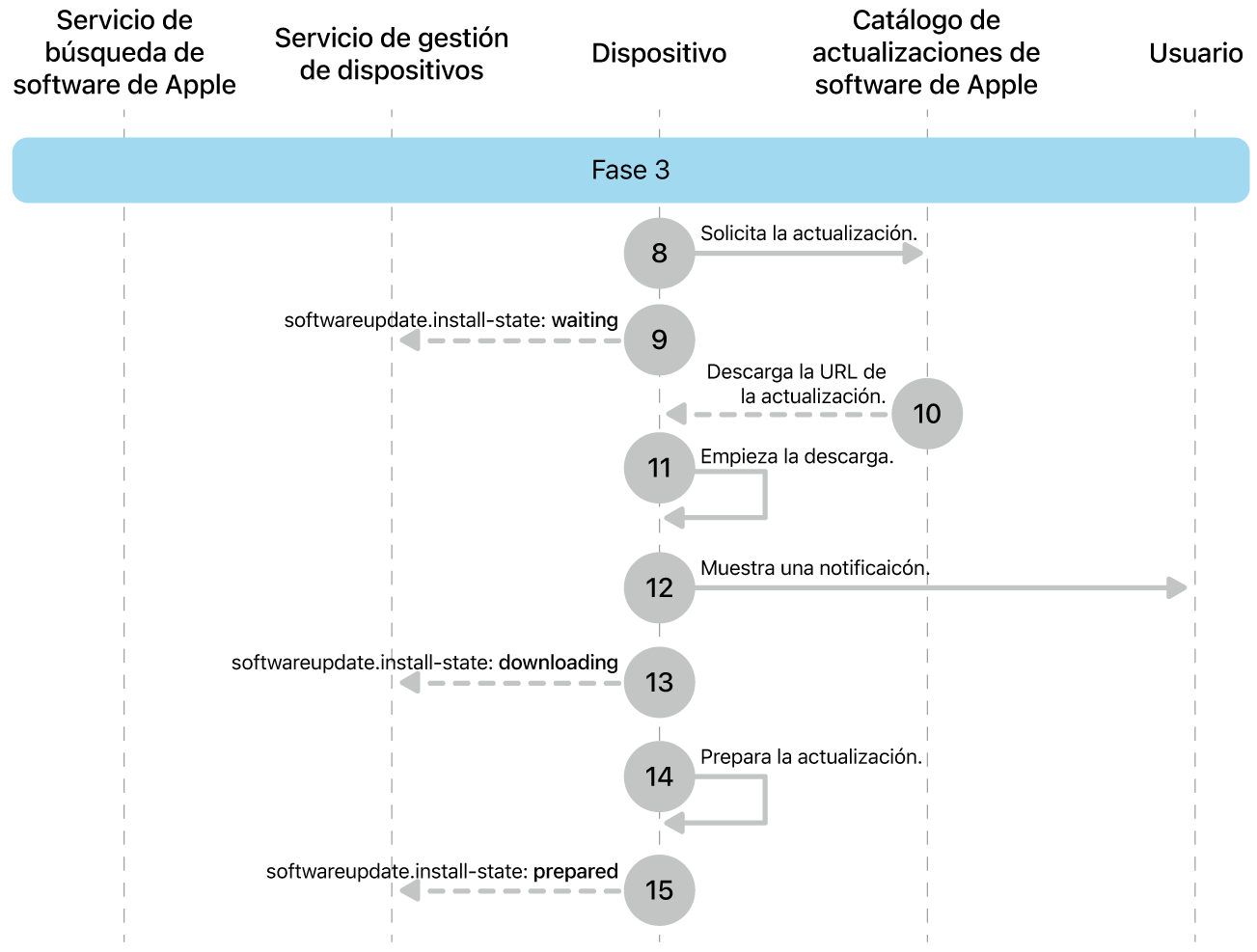 Fase 3 con los pasos del ocho al dieciséis de la imposición de una actualización de software de Apple.
