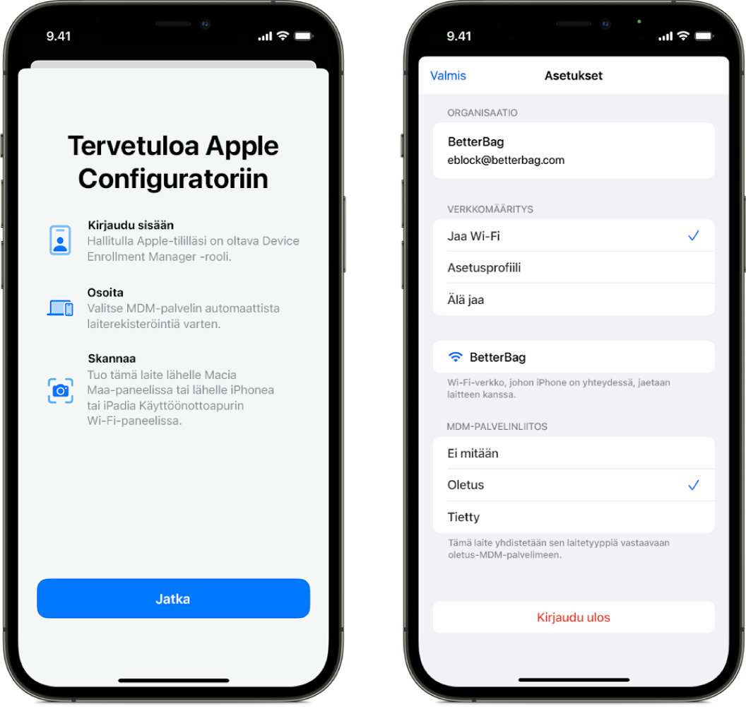 Kuva iPhonen Apple Configuratorista, jossa näkyy kaksi näyttöä. Toinen on päänäyttö, jossa näkyy tervetuloikkuna, ja toisessa näkyy oletusarvoinen laitehallintapalvelu, joka on valittu laitteiden automaattista liittämistä varten.