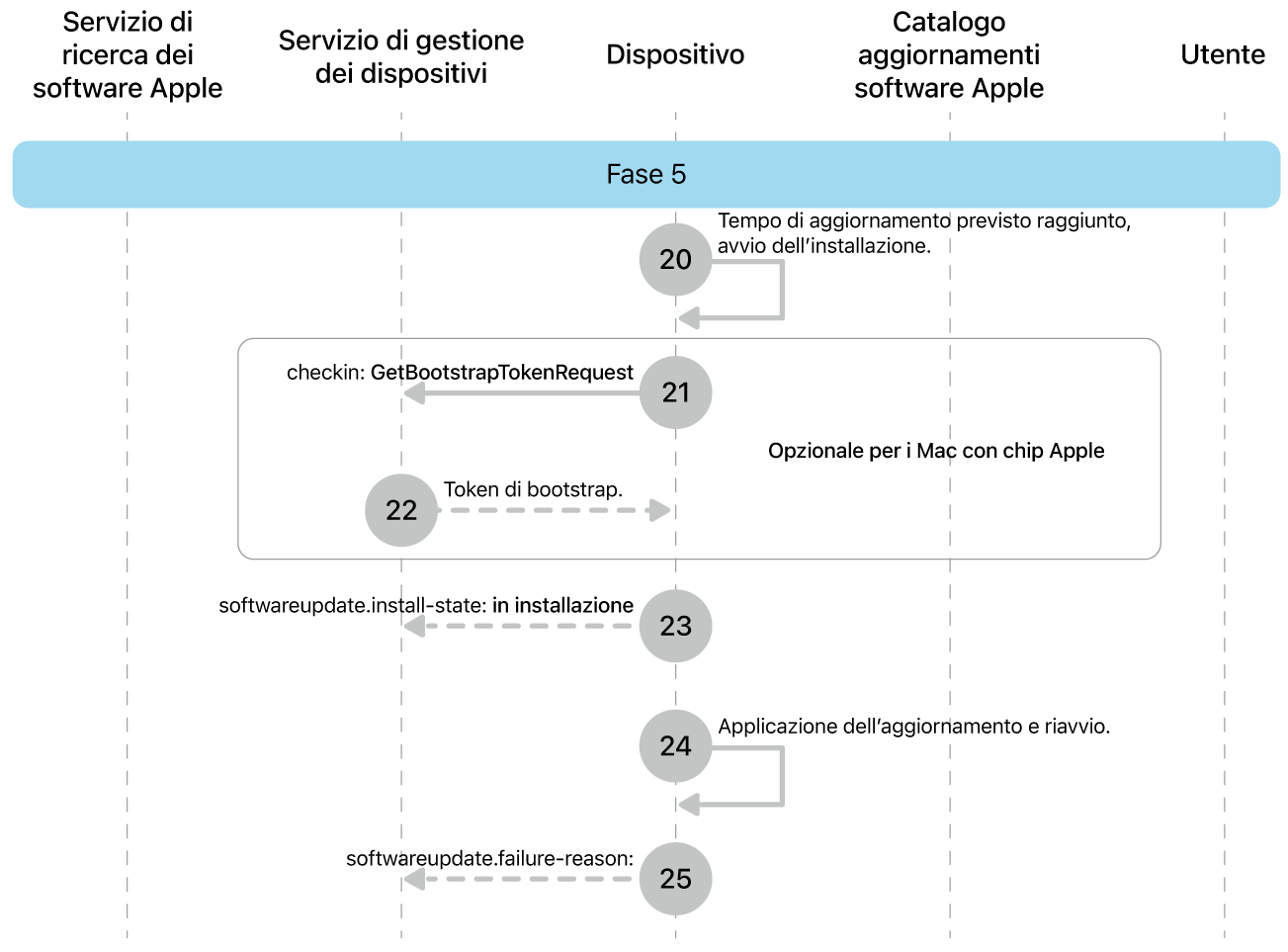 Fase 5 che mostra i passaggi da 20 a 25 dell’imposizione dell’aggiornamento software Apple.