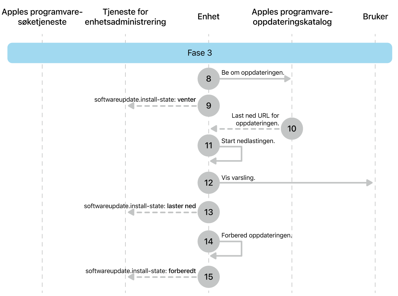 Fase 3 viser trinn 8 til 16 for håndheving av oppdatering av Apple-programvare.