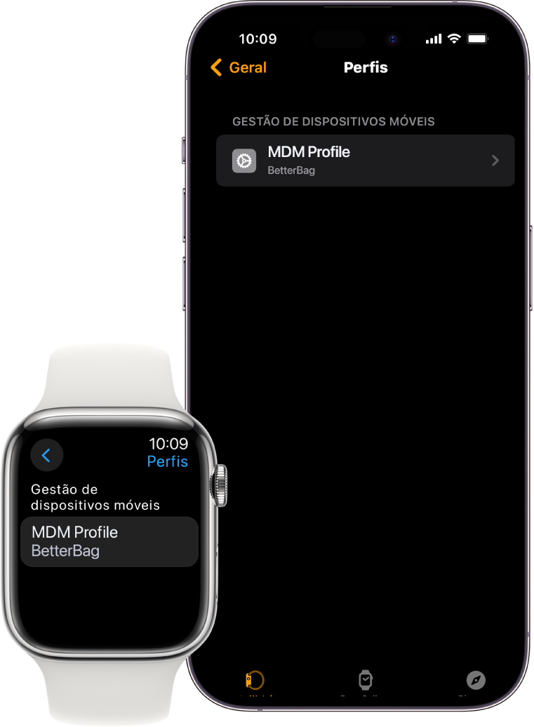 Um Apple Watch e um iPhone a mostrarem que são geridos por um serviço de gestão de dispositivos.