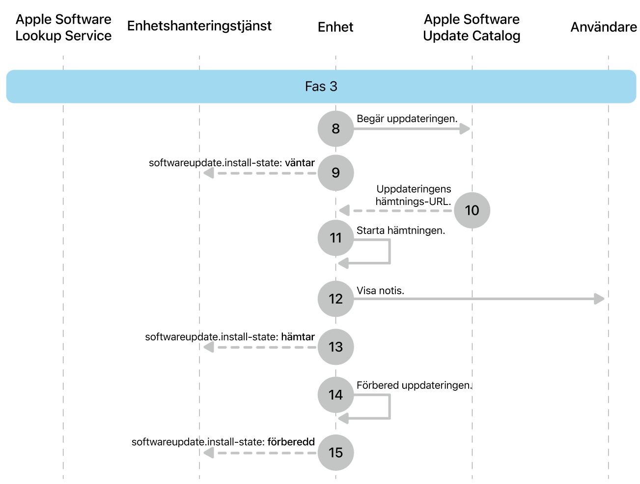 Fas 3 visar steg åtta till 16 i genomdrivingen av Apple-programuppdateringar.