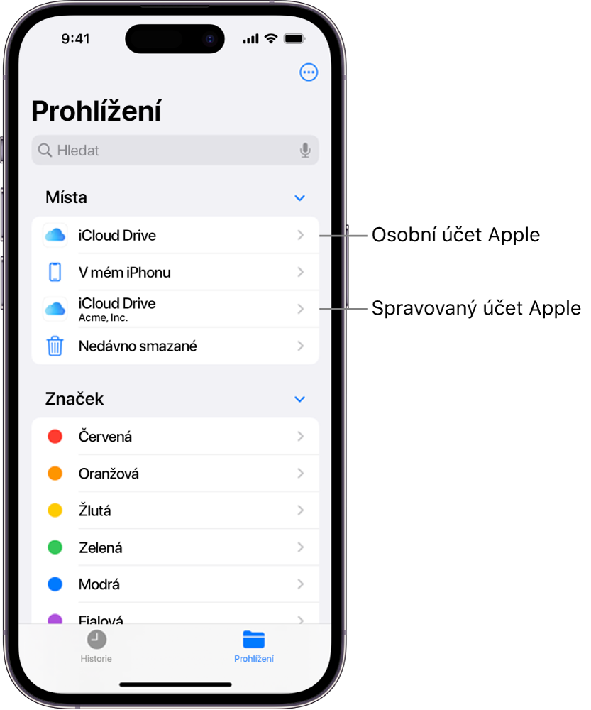 Displej iPhonu se zobrazenými dvěma položkami iCloud Drive – jednou pro osobní účet Apple uživatele a jednou pro jeho spravovaný účet Apple.