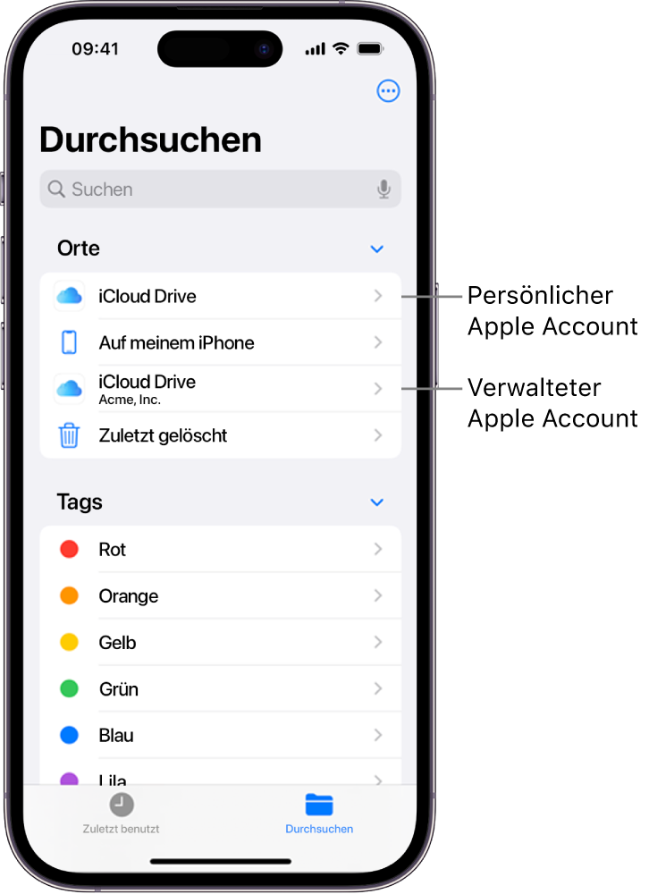 Ein iPhone-Bildschirm mit zwei iCloud Drives – das eine verwendet einen persönlichen Apple Account und das andere verwendet einen verwalteten Apple Account