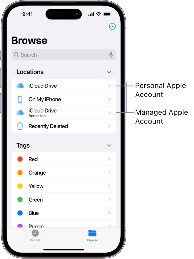 An iPhone screen showing two iCloud Drives, one using a personal Apple Account and one using a Managed Apple Account.