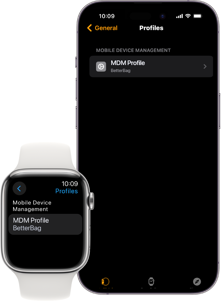 An Apple Watch and iPhone showing they’re managed by a device management service.