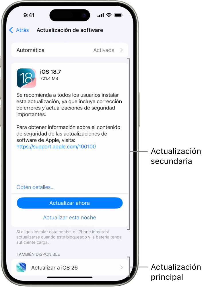 La pantalla de un iPhone mostrando una actualización secundaria a iOS 18.7 o una actualización principal a iOS 26.