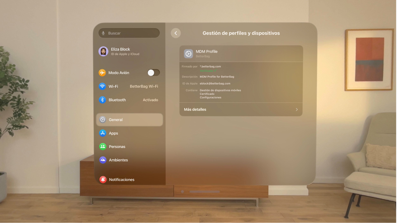 El Apple Vision Pro muestra la pantalla “Gestión de perfiles y dispositivos” con un perfil firmado.