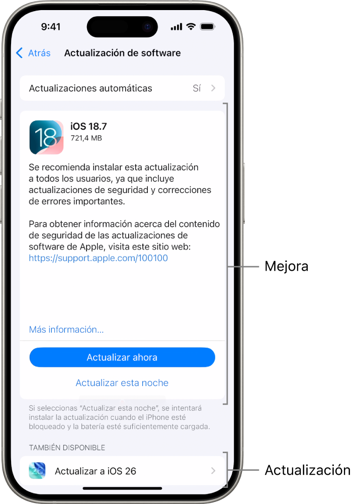 Una pantalla de iPhone en la que se ve una actualización a iOS 18.7 o una mejora a iOS 26.