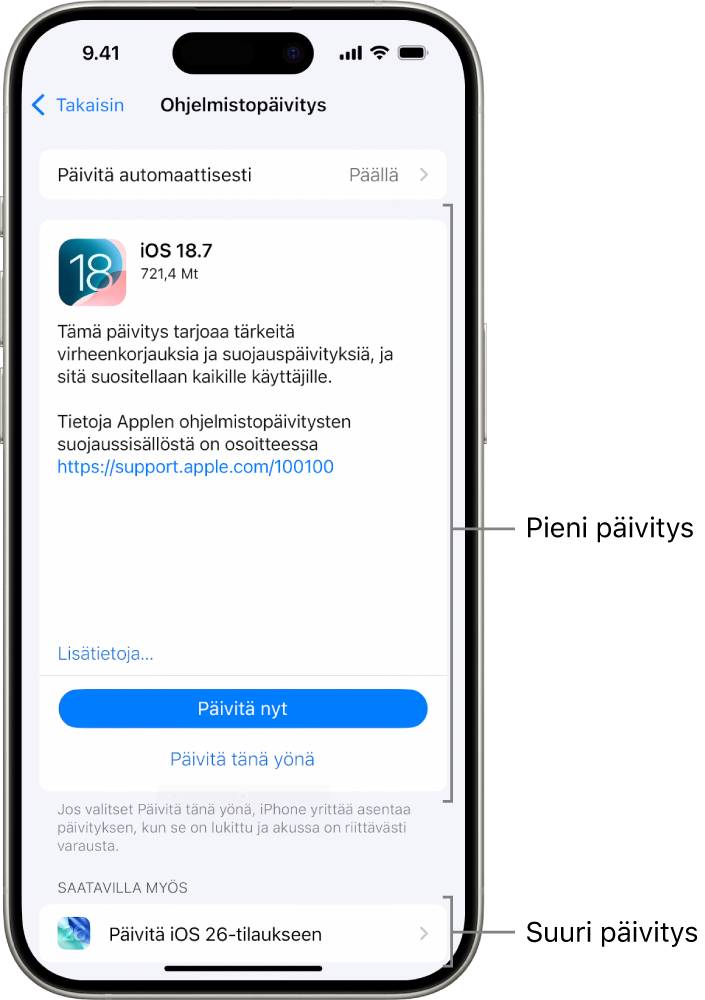 iPhonen näyttö, jossa näkyy pieni päivitys iOS 18.7:ään tai suuri päivitys iOS 26:een.