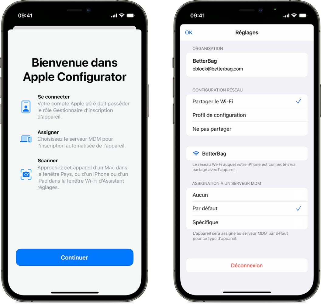 Image d’Apple Configurator pour l’iPhone montrant deux écrans. L’un correspond à l’écran principal contenant la fenêtre Bienvenue et l’autre affiche le service de gestion des appareils par défaut sélectionné comme attribution automatique pour les appareils.