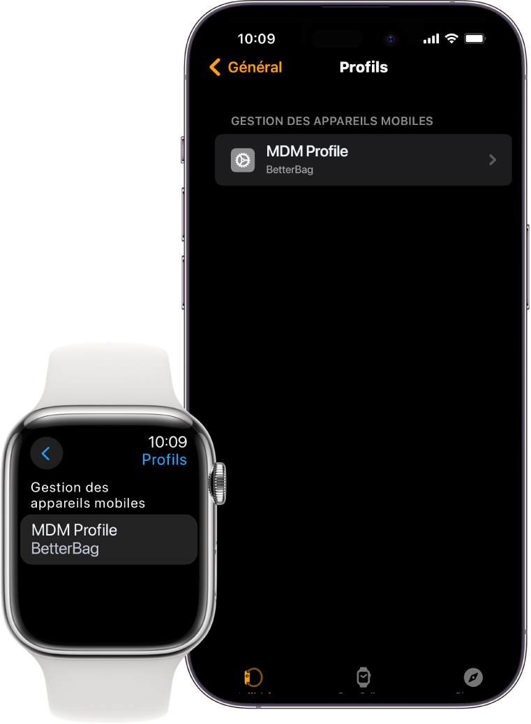 Une Apple Watch et un iPhone montrant quʼelles sont gérées par un service de gestion des appareils.