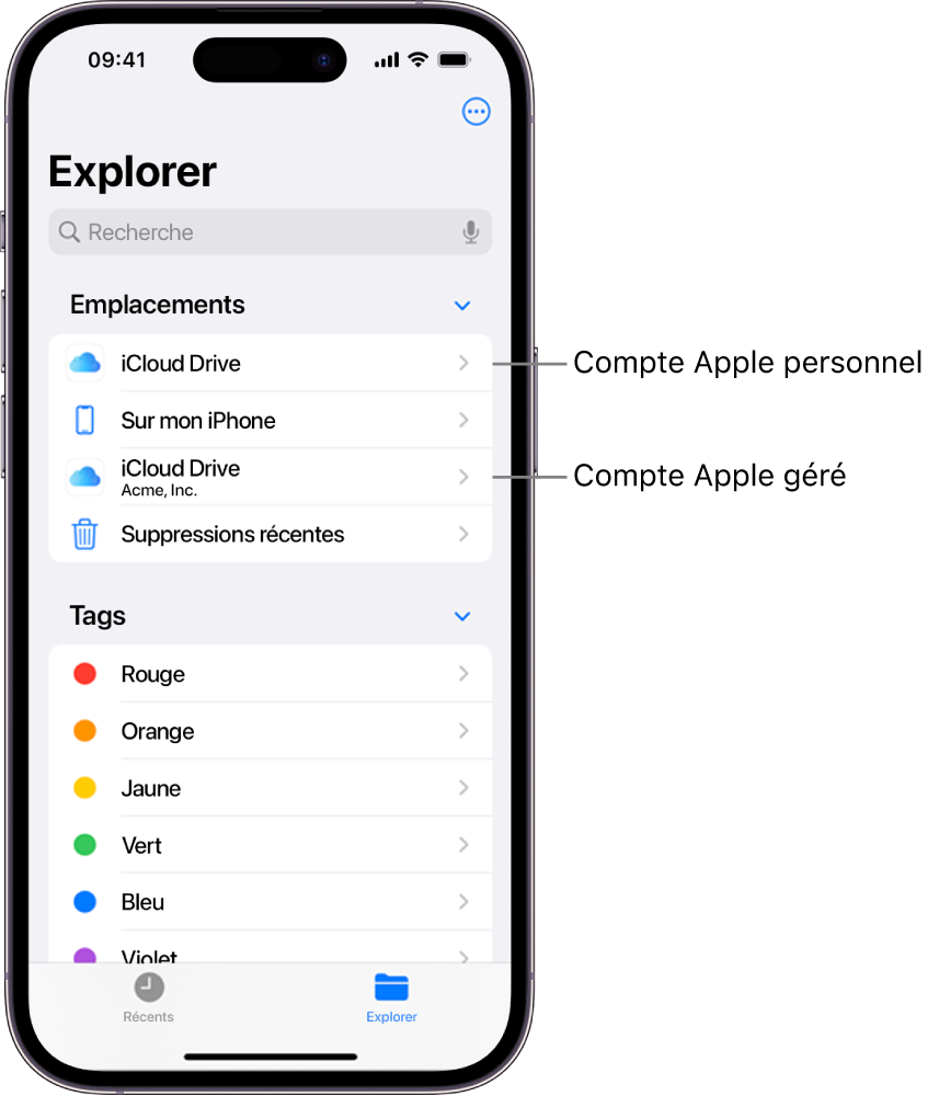L’écran d’un iPhone affichant deux iCloud Drive, l’un utilisant un compte Apple personnel et l’autre utilisant un compte Apple géré.