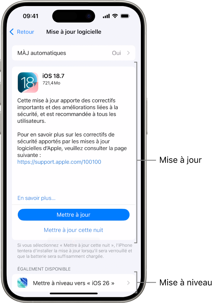 Écran d’un iPhone affichant une mise à jour vers iOS 18.7 ou une mise à niveau vers iOS 26.
