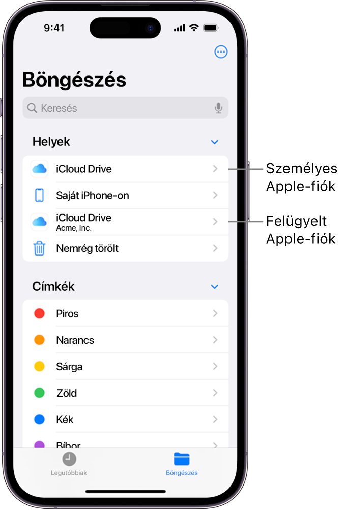 Egy iPhone képernyője két iCloud Drive-val: az egyik egy személyes Apple‑fiókot, míg a másik egy felügyelt Apple‑fiókot használ.