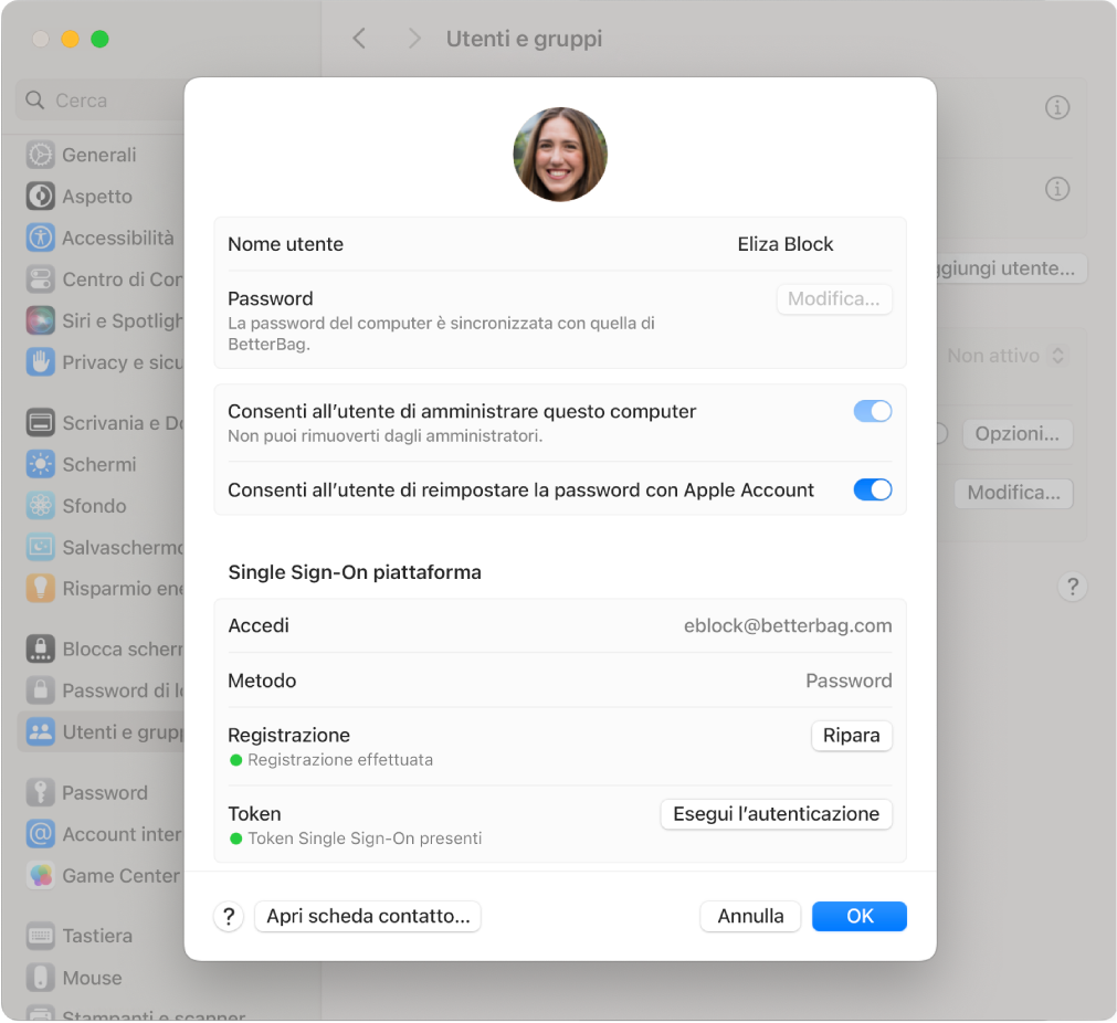 Una finestra su un Mac che mostra un utente che ha effettuato l’accesso tramite il Single Sign-On su piattaforma.