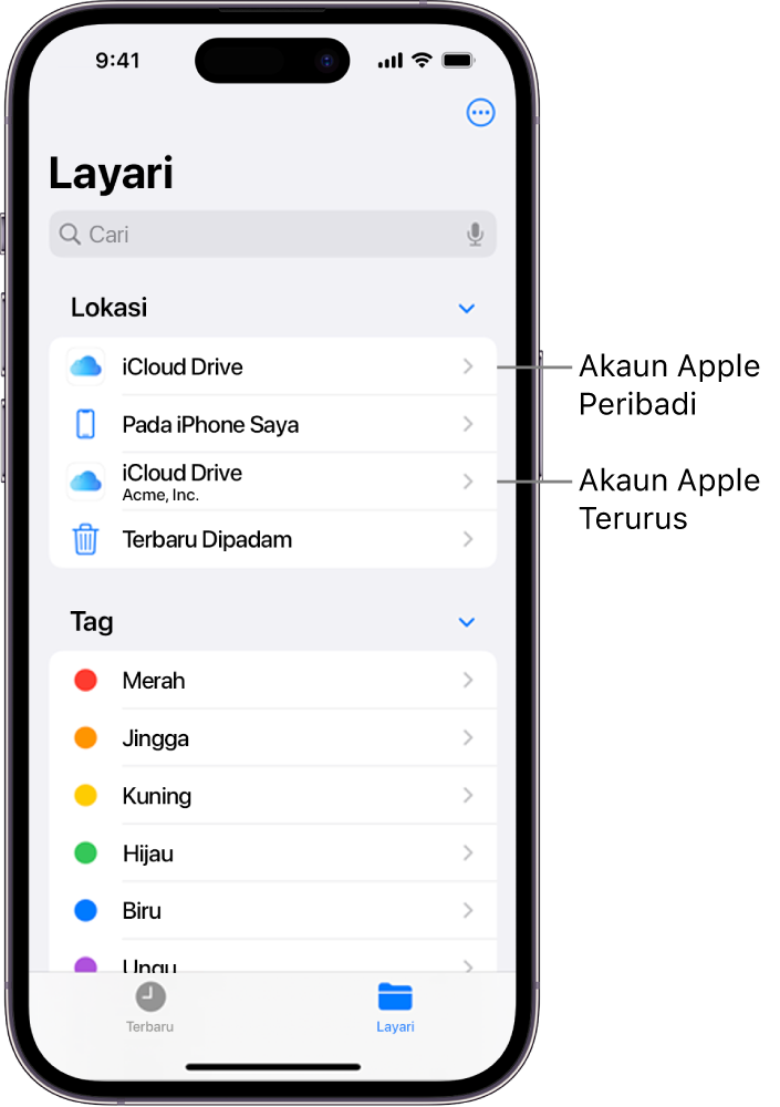 Skrin iPhone menunjukkan dua iCloud Drive, satu menggunakan Akaun Apple peribadi dan satu menggunakan Akaun Apple Terurus.