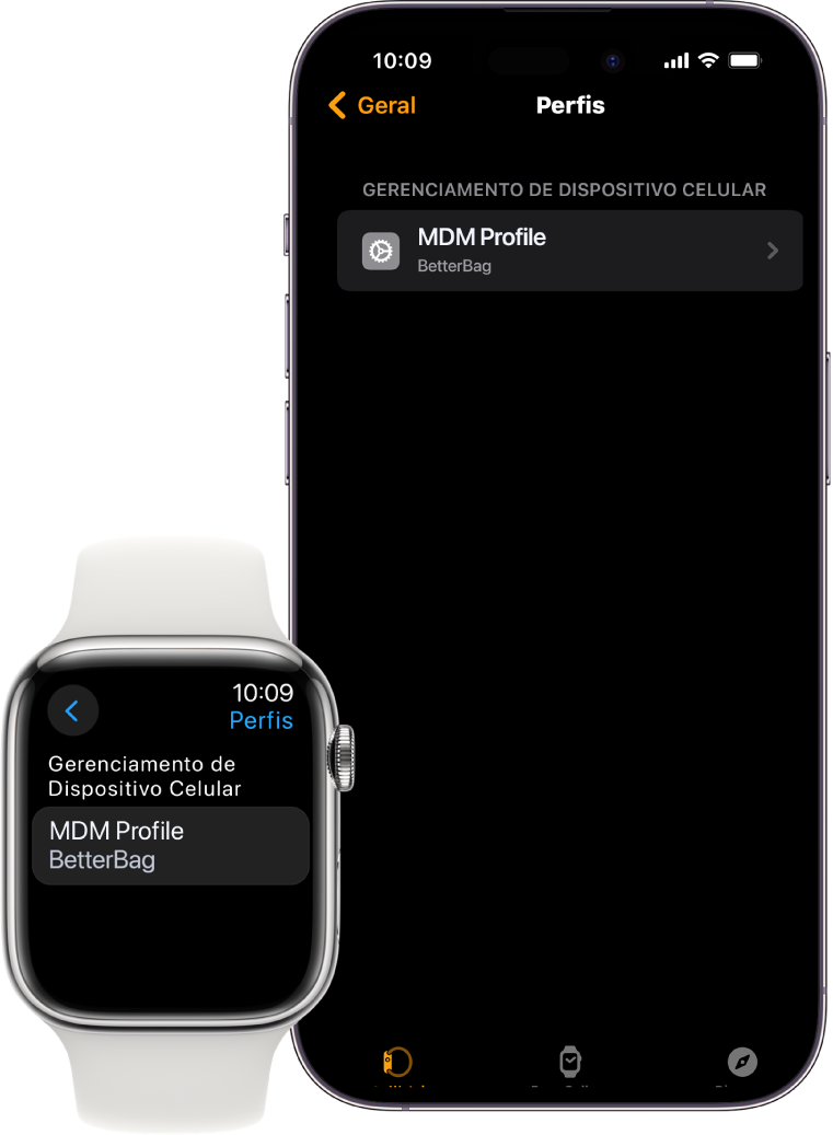 Apple Watch e iPhone mostrando que são gerenciados por um serviço de gerenciamento de dispositivos.