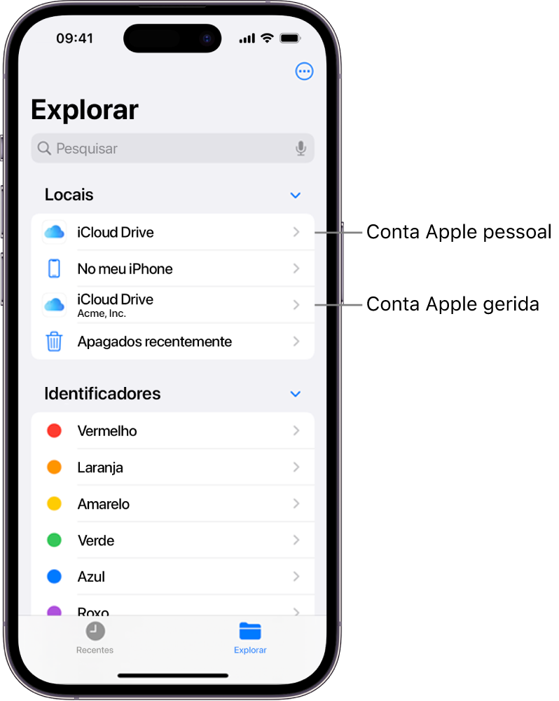 O ecrã de um iPhone a mostrar duas iCloud Drives, uma a usar uma conta Apple pessoal e outra a usar uma conta Apple gerida.