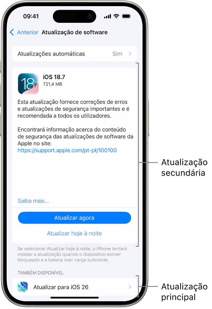 O ecrã de um iPhone com uma atualização secundária para o iOS 18.7 ou uma atualização principal para o iOS 26.