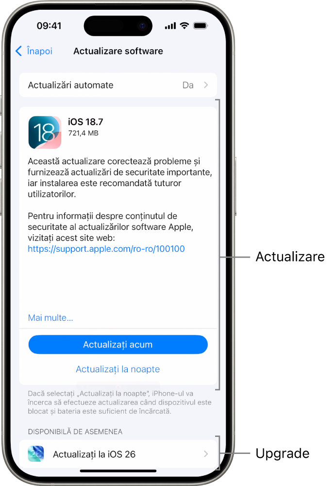 Ecranul unui iPhone afișând o actualizare la iOS 18.7 sau un upgrade la iOS 26.