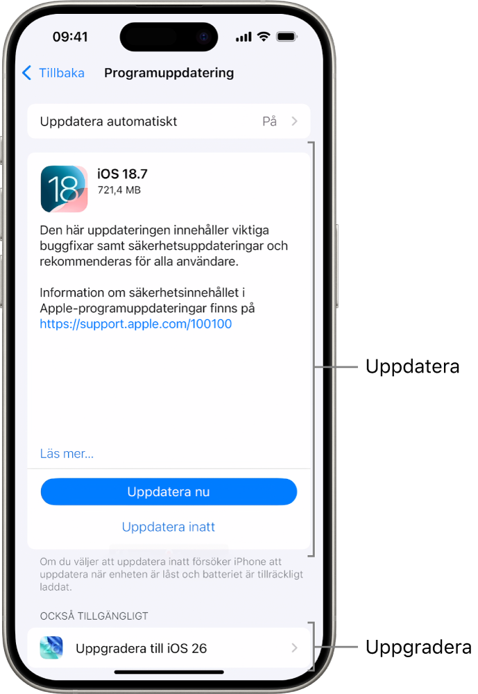 En iPhone-skärm visar en uppdatering till iOS 18.7 eller en uppgradering till iOS 26.