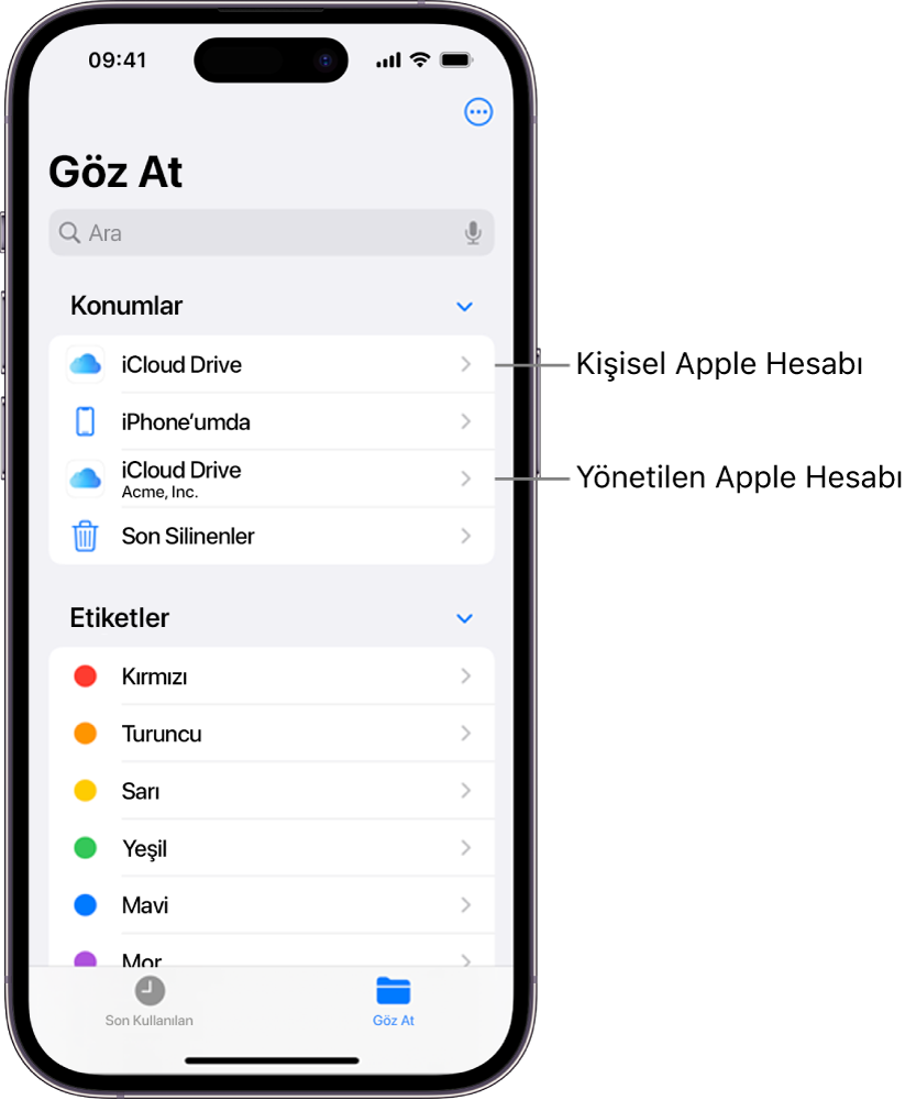 Biri kişisel Apple Hesabı’nı, diğeri ise Yönetilen Apple Hesabı’nı kullanan iki iCloud Drive’ı gösteren iPhone ekranı.