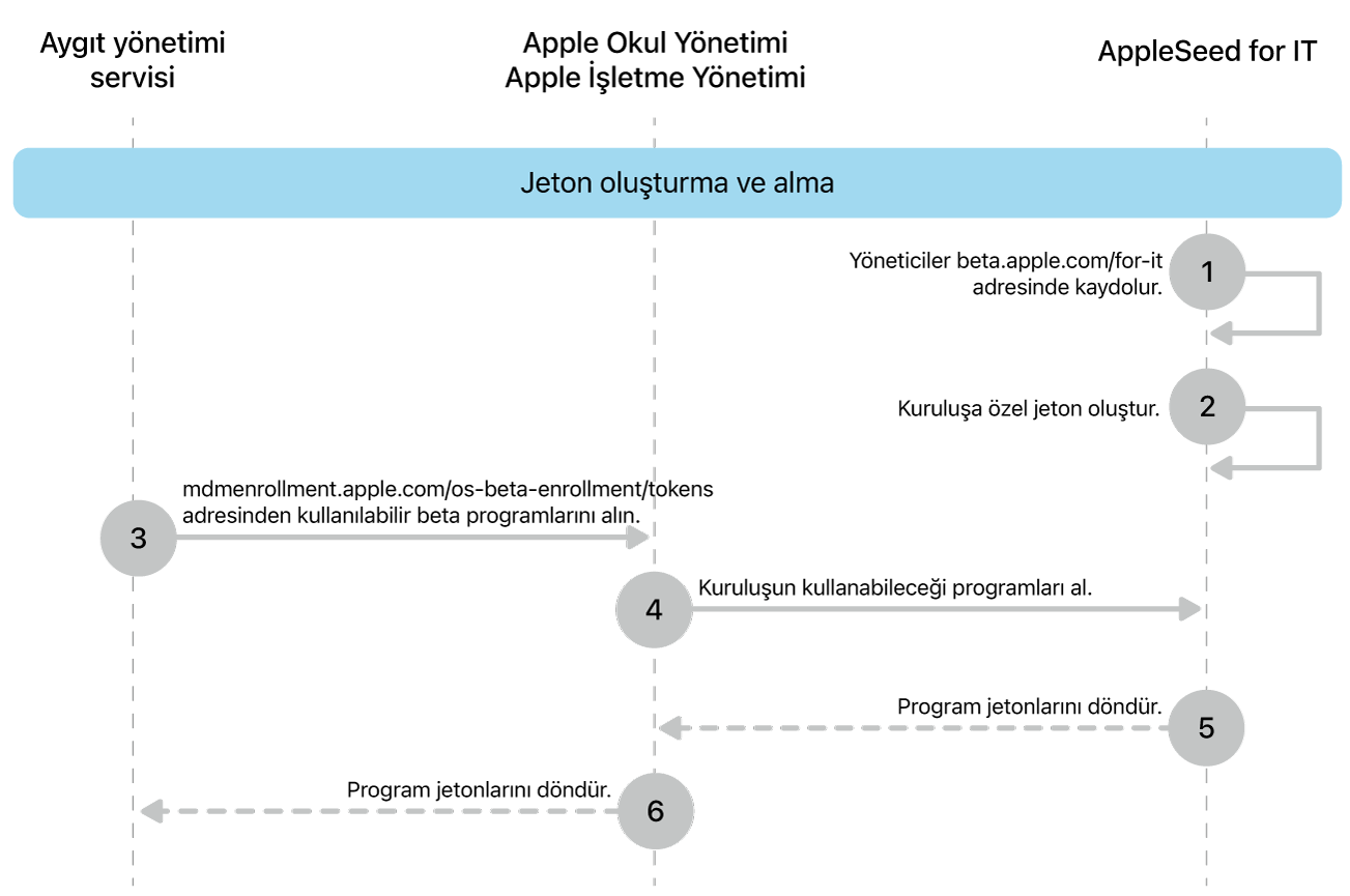 Yazılım güncellemelerini test etmek için beta programı jeton akışı.