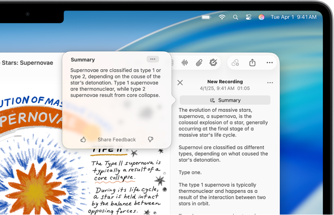 Mac 上的“备忘录” App 窗口显示备忘录正文中有一个录音。右侧显示听写文本的摘要。