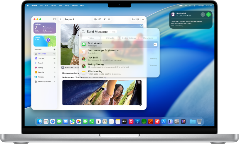 Mac 桌面显示“聚焦”搜索窗口,其中结果出现在搜索栏下方,该窗口后面打开了“手记” App。右上角显示一个保留的通话。