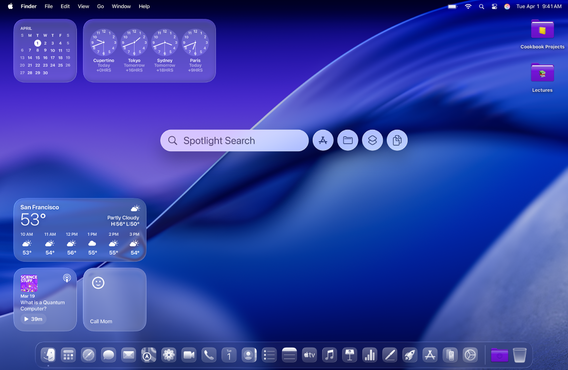Mac 桌面包含“聚焦”窗口、自定义图标和小组件。