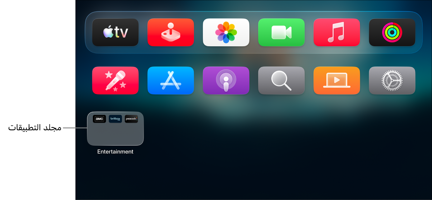 شاشة Apple TV الرئيسية مع توضيح مجلد التطبيق.