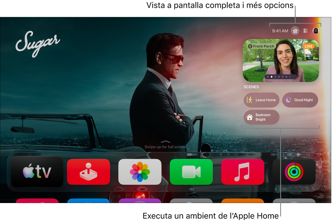 Pantalla de l’Apple TV amb la pestanya de l’app Casa.