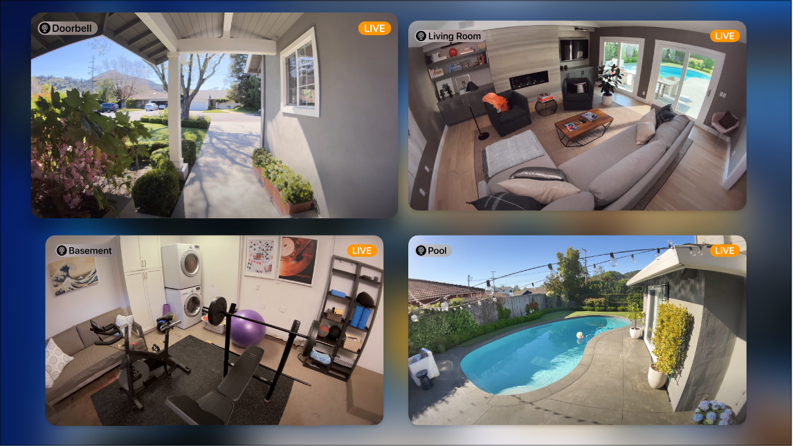 Pantalla de l’Apple TV en què es veuen diverses càmeres des de la vista de l’app Casa.