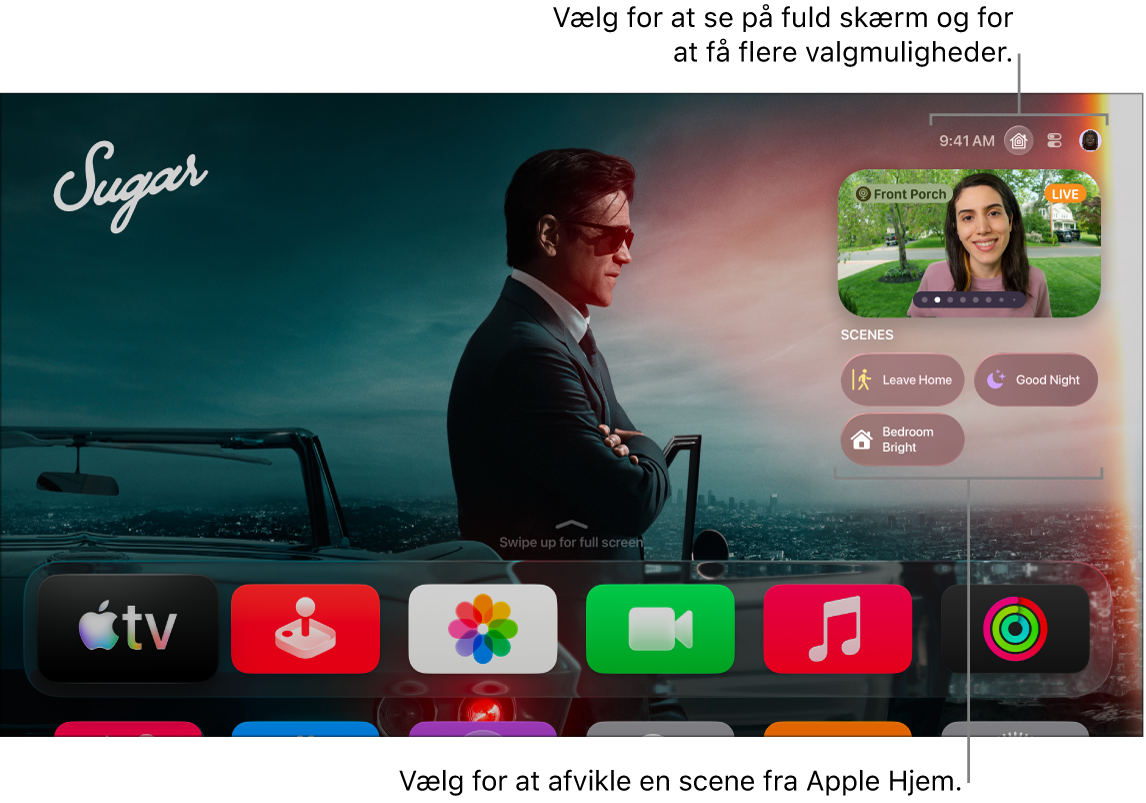 Skærm på Apple TV, der viser fanen Apple Hjem.