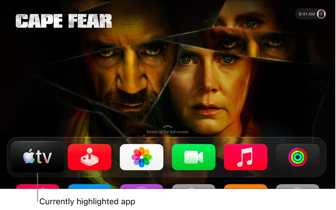The Home Screen on Apple TV with the Apple TV app highlighted
