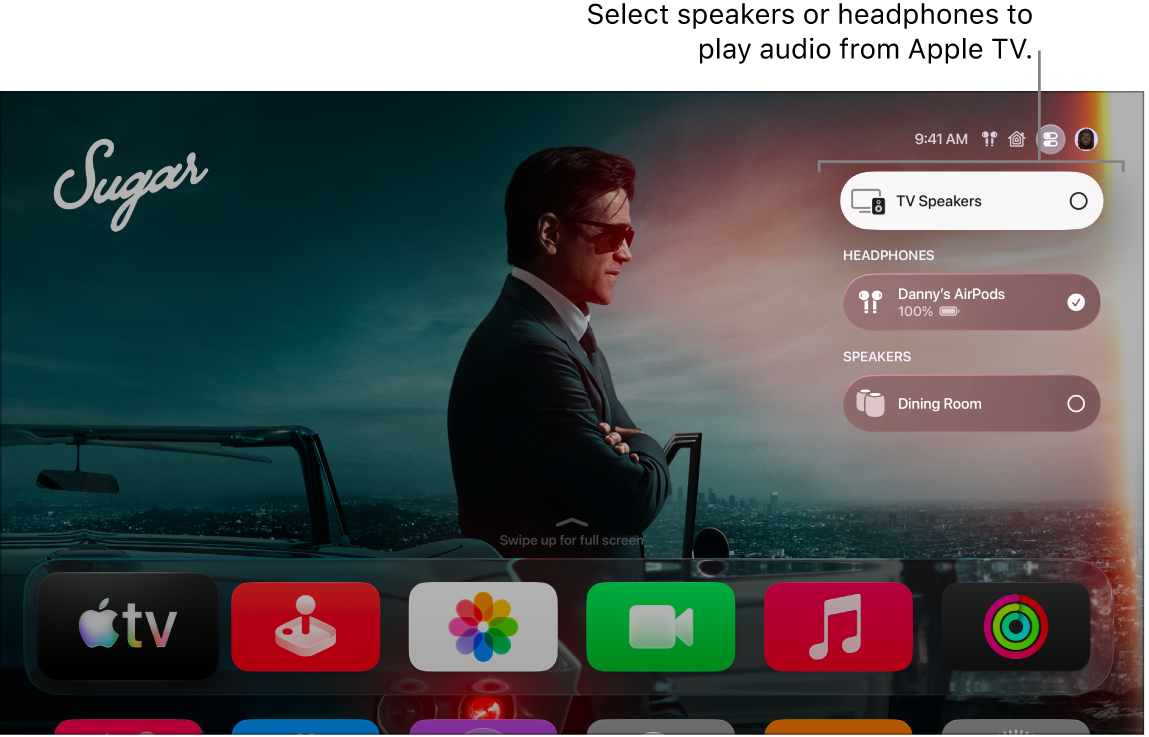 Apple TV screen showing Control Centre audio controls