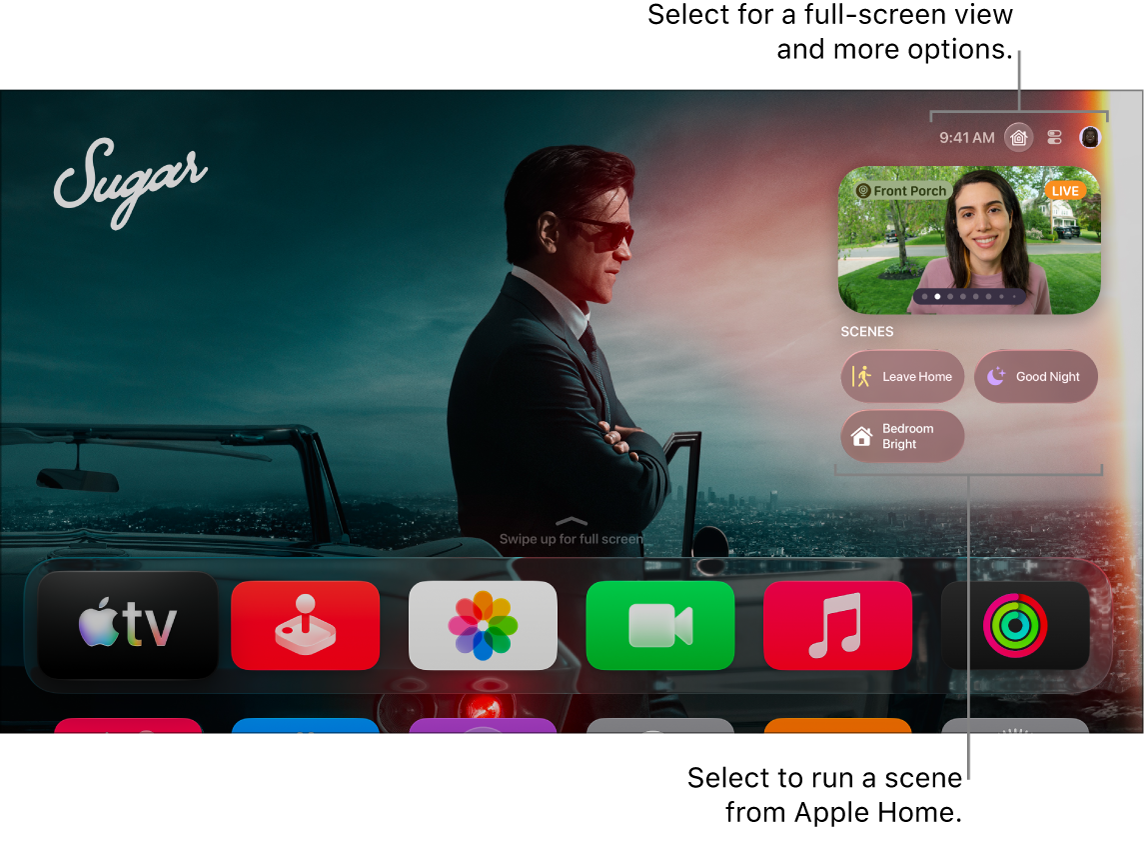 Apple TV screen showing Apple Home tab.