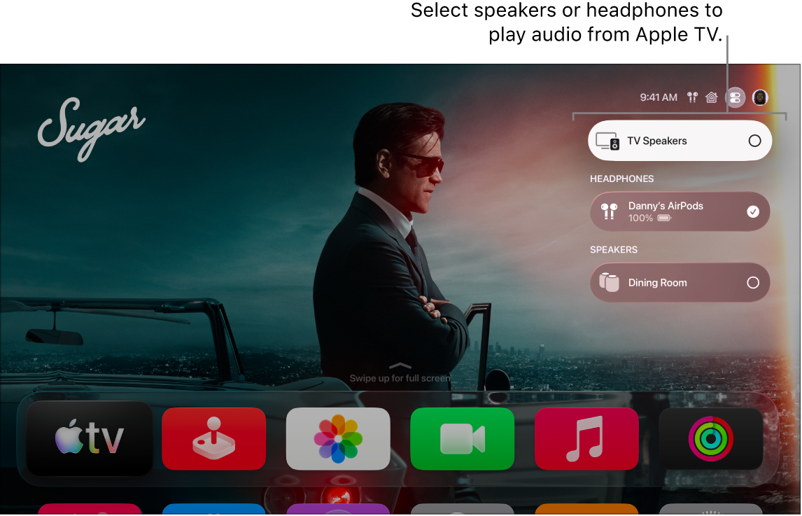 Apple TV screen showing Control Center audio controls