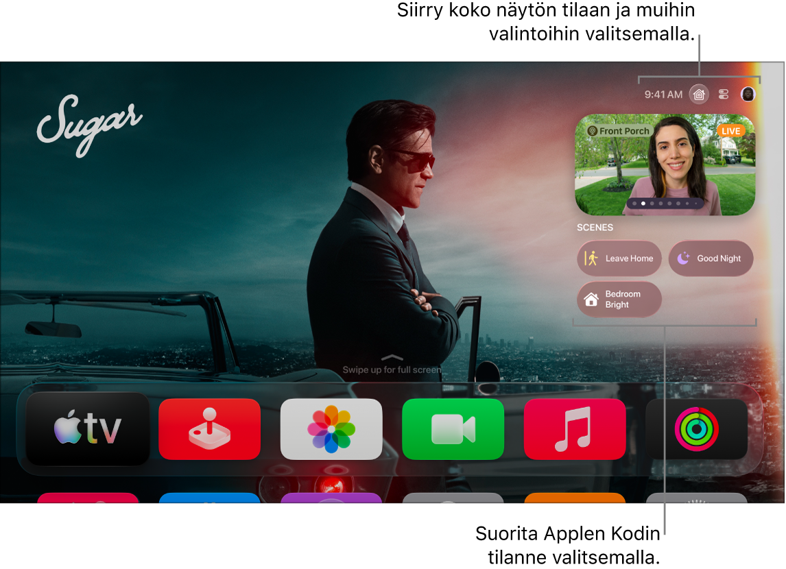Apple TV ‑näyttö, jossa näkyy Applen Koti -välilehti.