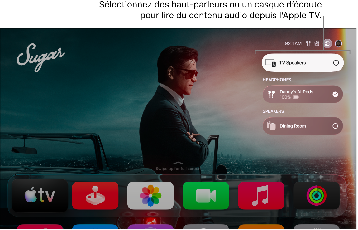 Écran de l’Apple TV avec les commandes audio du centre de contrôle